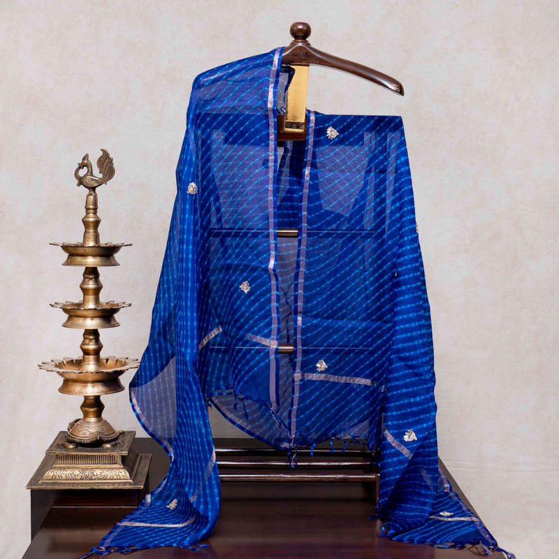 Hand Tie - Dye Kota Silk Kurta Fabric With Zari Hand Embroidery & Zari Hand Embroidery Dupatta