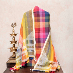 Handloom Kala Cotton Multicolour Check Kurta Fabric With Kala Cotton Hand Embroidery Mirror Work Dupatta