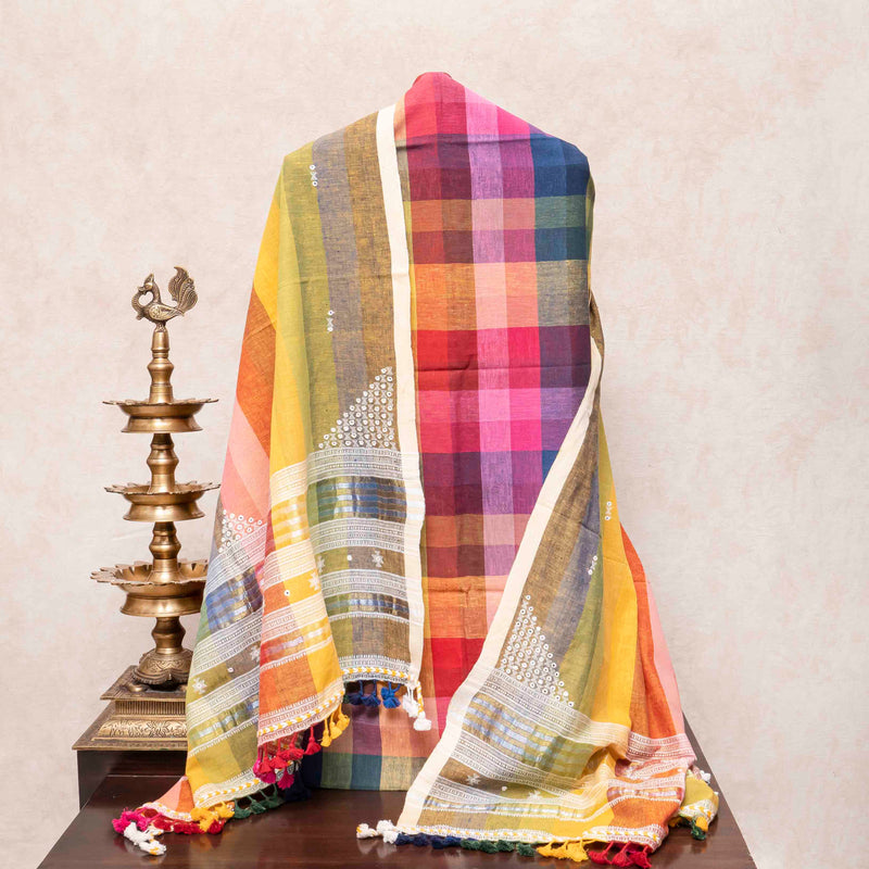 Handloom Kala Cotton Multicolour Check Kurta Fabric With Kala Cotton Hand Embroidery Mirror Work Dupatta