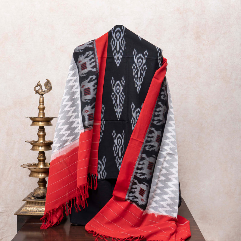 Bold Black & Red Handloom Ikat Cotton Suit Set