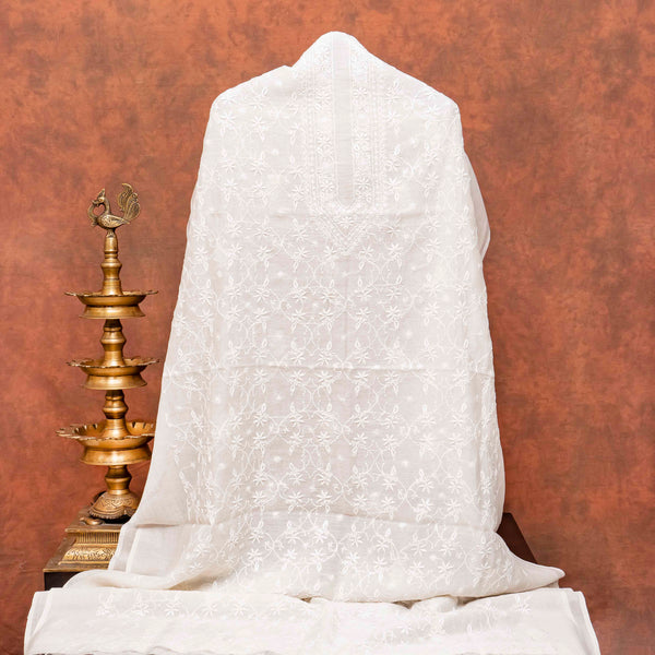 Chikankari Hand Embroidery Mul Chanderi Kurta Fabric & Gachi Silk Bandhanii Dupatta