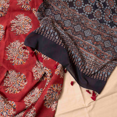 Rust Kalamkari Cotton Suit Set with Ajrakh Hand Block Printed Stole