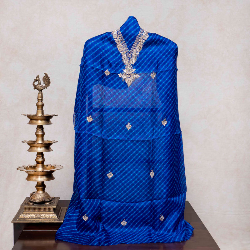 Hand Tie - Dye Kota Silk Kurta Fabric With Zari Hand Embroidery & Zari Hand Embroidery Dupatta