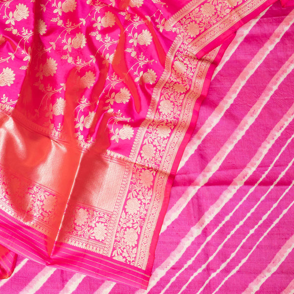 Handloom handwoven Tussar Tie - Dye Leheriya Kurta Fabric & Handloom Handwoven Banarsi Katan Silk Dupatta