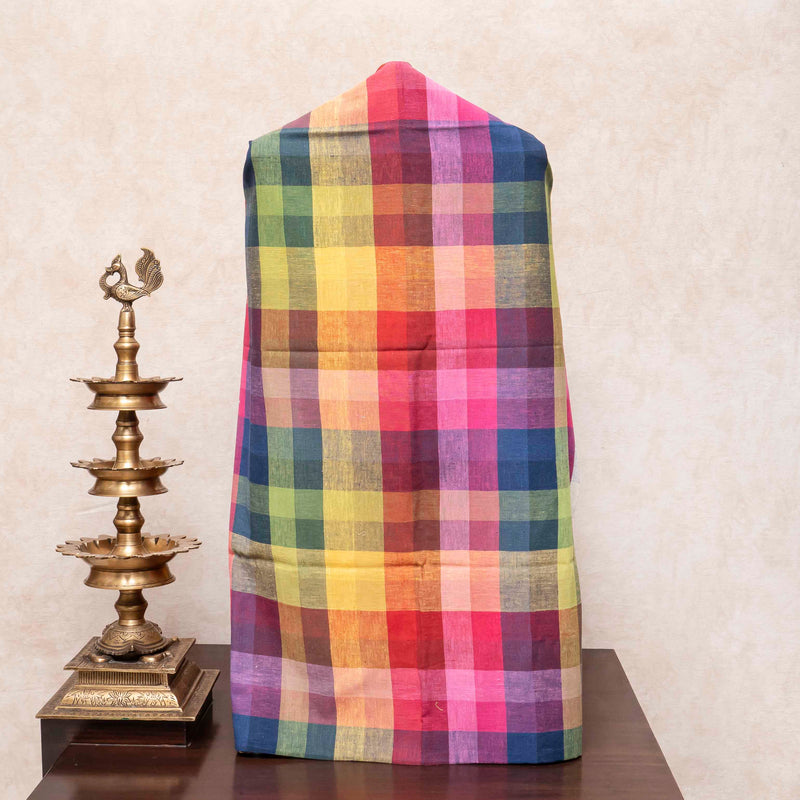 Handloom Kala Cotton Multicolour Check Kurta Fabric With Kala Cotton Hand Embroidery Mirror Work Dupatta
