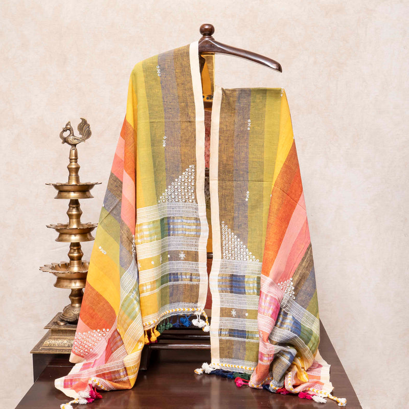 Handloom Kala Cotton Multicolour Check Kurta Fabric With Kala Cotton Hand Embroidery Mirror Work Dupatta