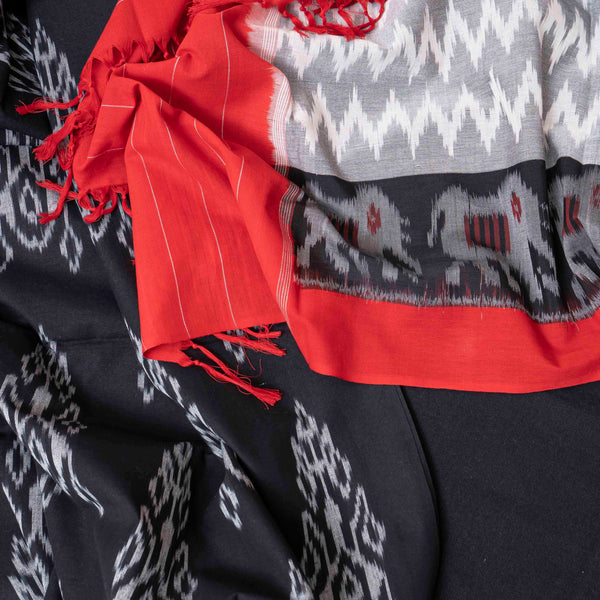 Bold Black & Red Handloom Ikat Cotton Suit Set