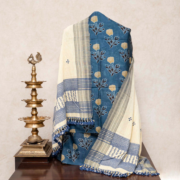 Hand Block Chandari Silk Kurta, Bottom Fabric & Handloom Kala Cotton Dupatta