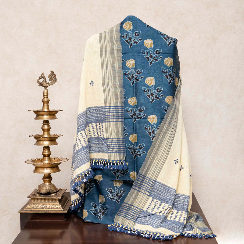 Hand Block Chandari Silk Kurta, Bottom Fabric & Handloom Kala Cotton Dupatta