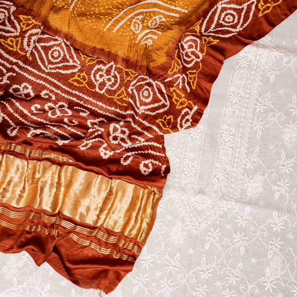 Chikankari Hand Embroidery Mul Chanderi Kurta Fabric & Gachi Silk Bandhanii Dupatta