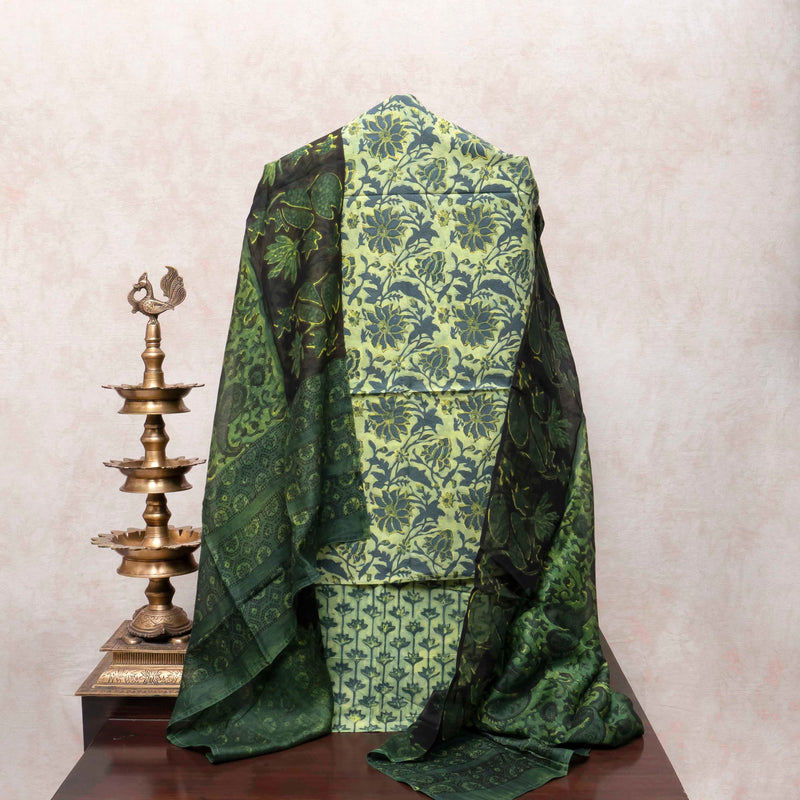 Green Vanaspati Block Printed Cotton Suit Set with Chanderi Silk Dupatta