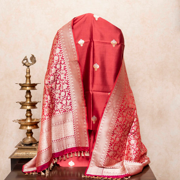 Handloom Katan Silk  Kurta - Bottom Fabric With Kadwa Weave & Handloom Katan Silk Banarsi Shikargah Dupatta