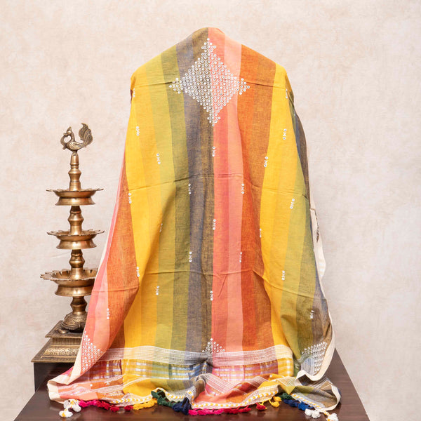 Handloom Kala Cotton Multicolour Check Kurta Fabric With Kala Cotton Hand Embroidery Mirror Work Dupatta