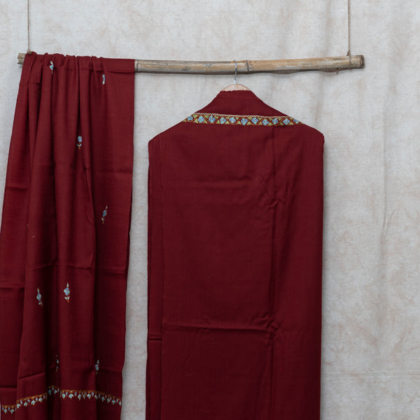 Maroon Kashmiri Hand Embroidered Woollen Kurta & Bottom Fabric With Kashmiri Embroidery Wollen Stole