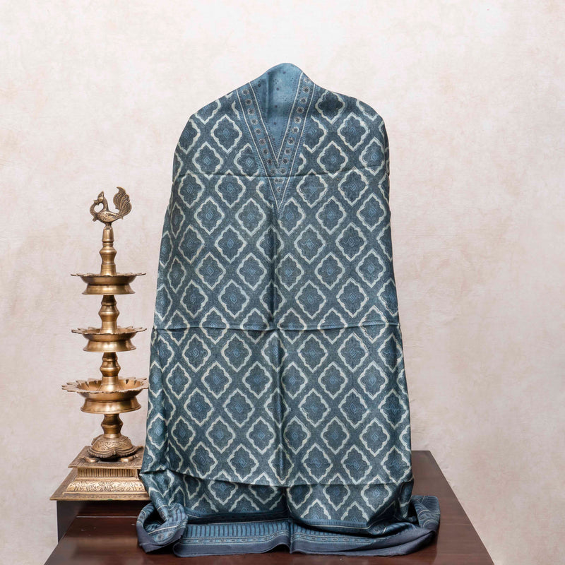 Ajrakh Handloom Tussar Silk Kurta & Dupatta Set in Teal Grey