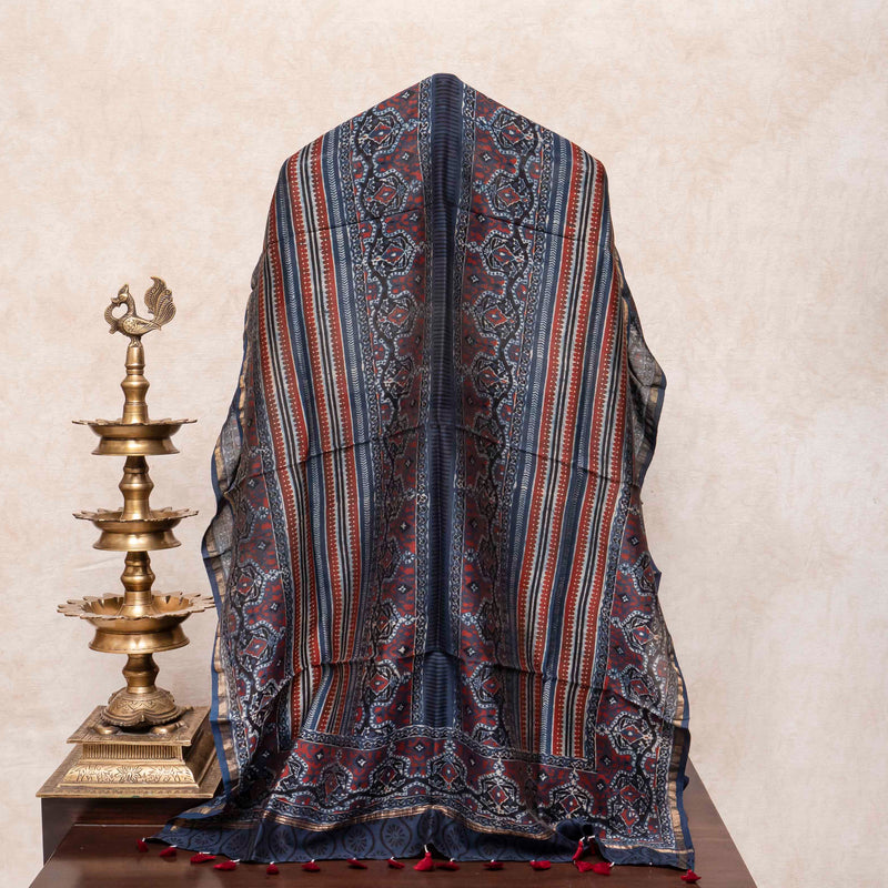 Hand Block Ajrakh Chanderi Silk Blue-Red Dupatta