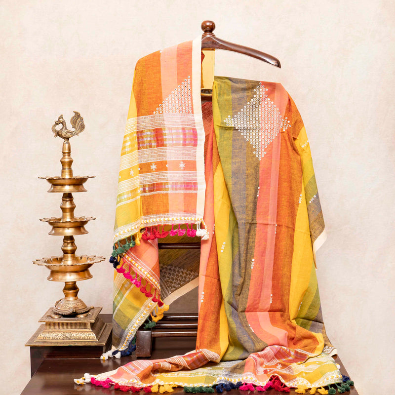 Handloom Kala Cotton Multicolour Check Kurta Fabric With Mirror Work, Handloom Kala Cotton Multicolour Check Bottom Fabric & Hand Kala Cotton Multicolour Stripes Dupatta With Mirror Work