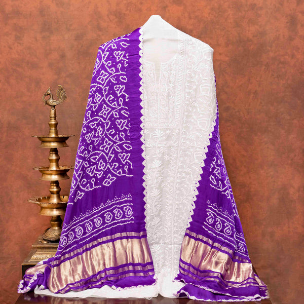 Chikankari Hand Embroidery Mul Chanderi Kurta Fabric & Gaji Silk Bandhanii Dupatta