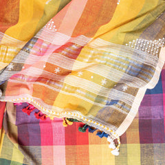 Handloom Kala Cotton Multicolour Check Kurta Fabric With Kala Cotton Hand Embroidery Mirror Work Dupatta