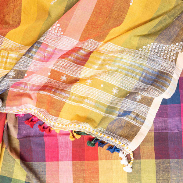 Handloom Kala Cotton Multicolour Check Kurta Fabric With Kala Cotton Hand Embroidery Mirror Work Dupatta