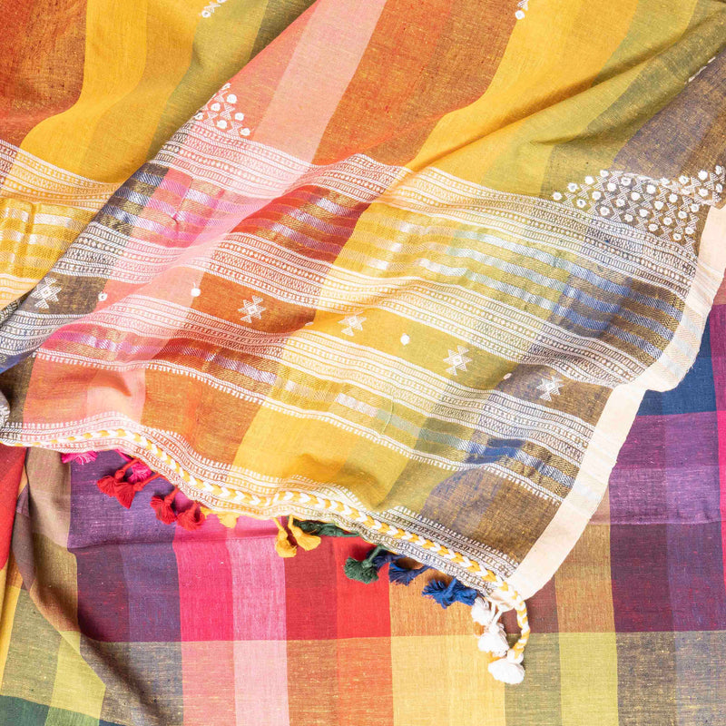 Handloom Kala Cotton Multicolour Check Kurta Fabric With Kala Cotton Hand Embroidery Mirror Work Dupatta