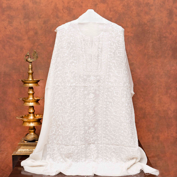 Chikankari Hand Embroidery Mul Chanderi Kurta Fabric & Gaji Silk Bandhanii Dupatta