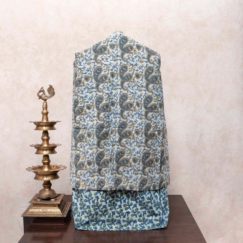 Sky Blue Paisley & Vanaspati Hand Block Cotton Suit Set with Kota Doria Dupatta