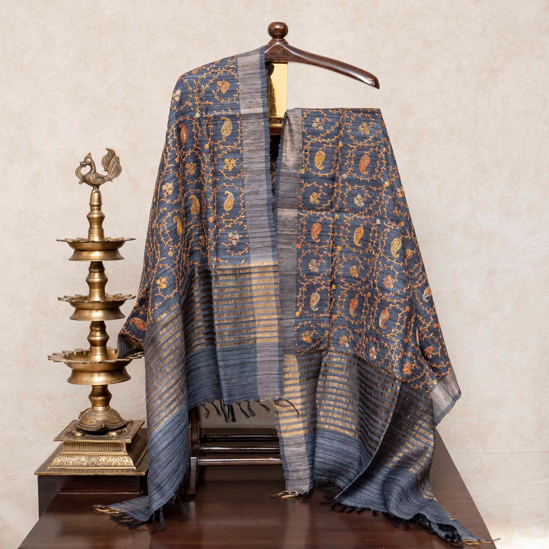 Handloom Tussar Silk Dupatta With Kashmiri Hand Embroidery