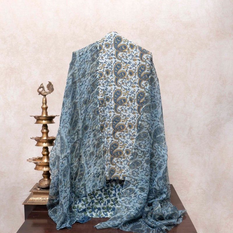 Sky Blue Paisley & Vanaspati Hand Block Cotton Suit Set with Kota Doria Dupatta