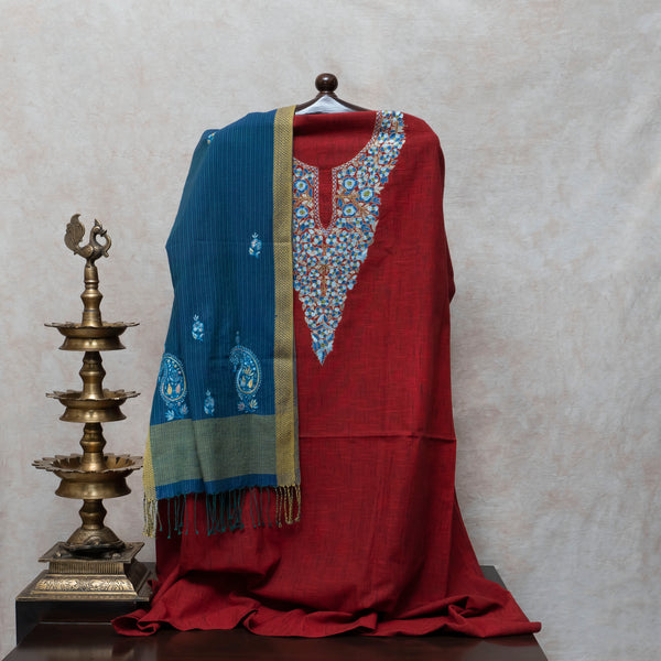 Maroon Kashmiri Hand Embroidery Handloom Kurta Fabric With Kashmiri Hand Embroidery Stole