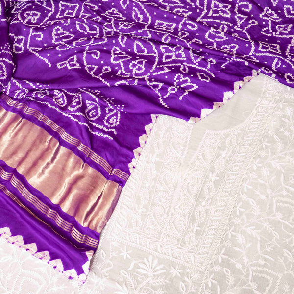 Chikankari Hand Embroidery Mul Chanderi Kurta Fabric & Gaji Silk Bandhanii Dupatta