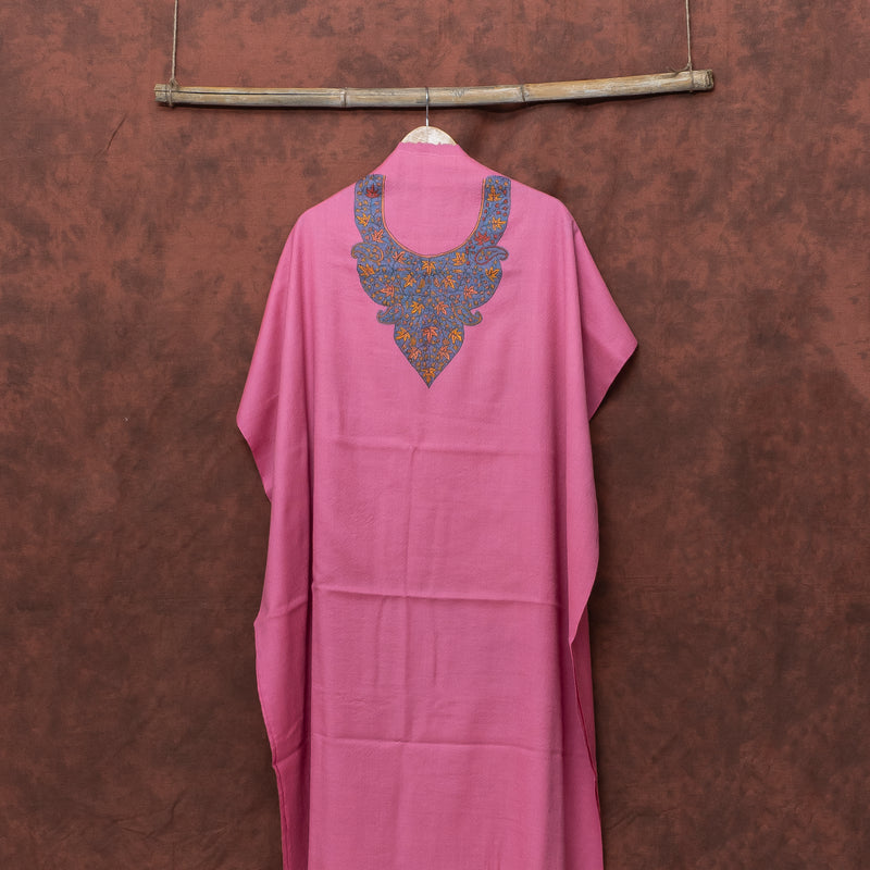 Pink Pure Woollen Kurta Fabric With Kashmiri Sozni Hand Embroidery