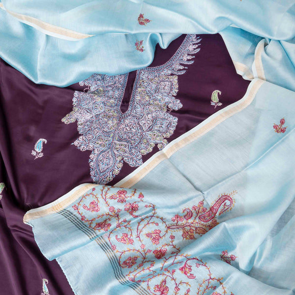 Kashmiri Hand Embroidery Modal Silk Kurta & Bottom Fabric With Kashmiri Embroidery Chanderi Silk Dupatta