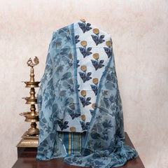 Soft Blue Floral Hand Block Cotton Suit Set with Kota Doria Dupatta