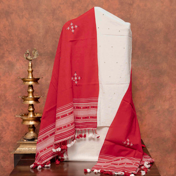 Handloom Kala Cotton Kurta Fabric With Mirror Work, Handloom Kala Cotton Bottom Fabric & Handloom Kala Cotton Dupatta With Mirror Work