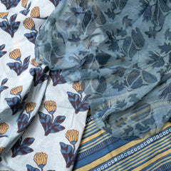 Soft Blue Floral Hand Block Cotton Suit Set with Kota Doria Dupatta