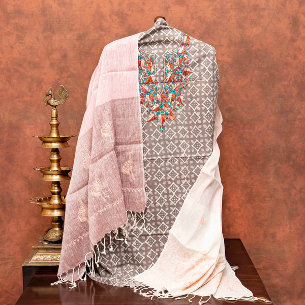 Hand Block Cotton Kurta Fabric With Kashmiri Hand Embroidery & Cotton Linen Chikankari Hand Embroidered Stole