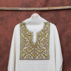 White Pure Woollen Kurta Fabric With Kashmiri Sozni Hand Embroidery