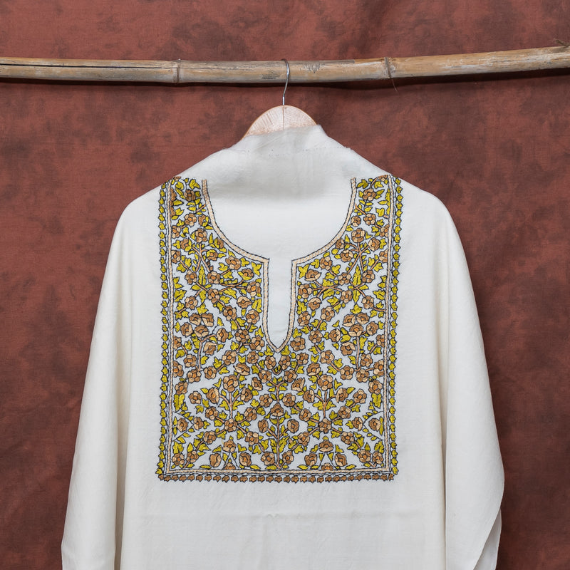 White Pure Woollen Kurta Fabric With Kashmiri Sozni Hand Embroidery