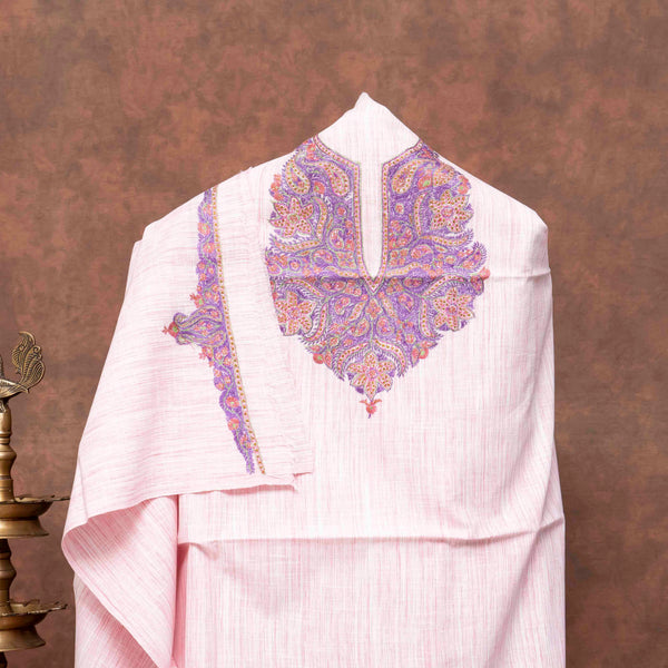 Handloom Cotton Kurta Fabric With Kashmiri Hand Embroidery & Cotton Bottom Fabric With Hand Block