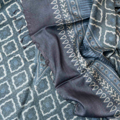 Ajrakh Handloom Tussar Silk Kurta & Dupatta Set in Teal Grey