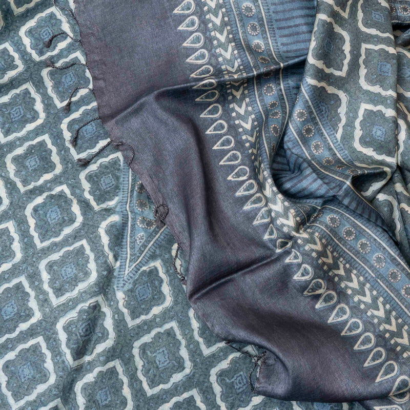 Ajrakh Handloom Tussar Silk Kurta & Dupatta Set in Teal Grey
