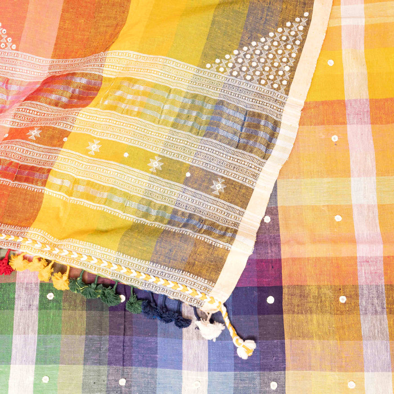 Handloom Kala Cotton Multicolour Check Kurta Fabric With Mirror Work, Handloom Kala Cotton Multicolour Check Bottom Fabric & Hand Kala Cotton Multicolour Stripes Dupatta With Mirror Work