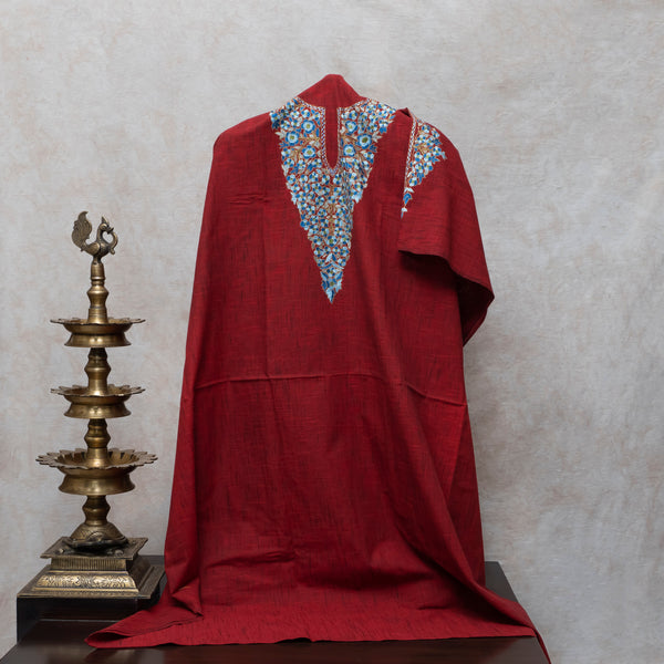 Maroon Kashmiri Hand Embroidery Handloom Kurta Fabric With Kashmiri Hand Embroidery Stole