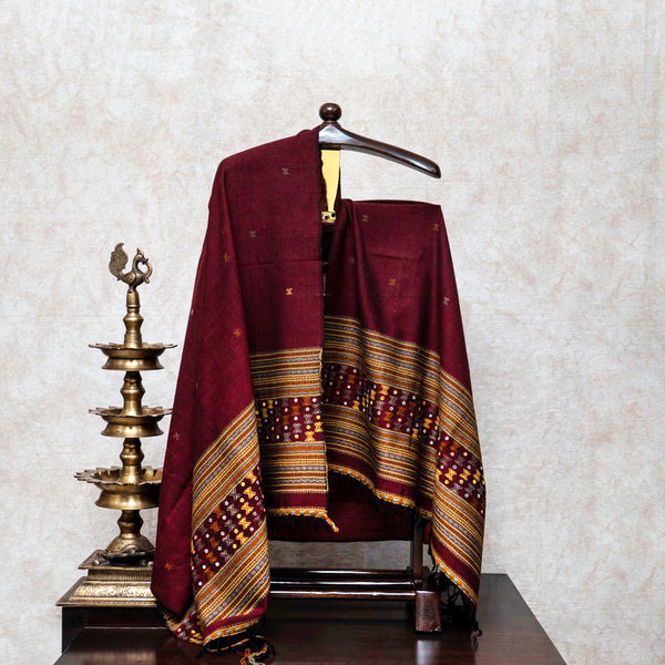 Maroon Handwoven Woollen Shawl With Mirror Handwork