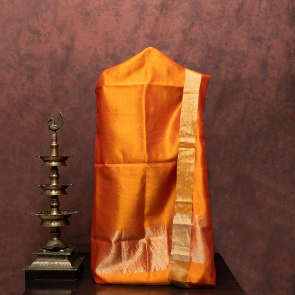 Handloom Pure Pattu Silk Orange Kurta Fabric And Dupatta With Kadwa Buta