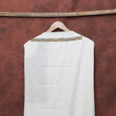 White Pure Woollen Kurta Fabric With Kashmiri Sozni Hand Embroidery