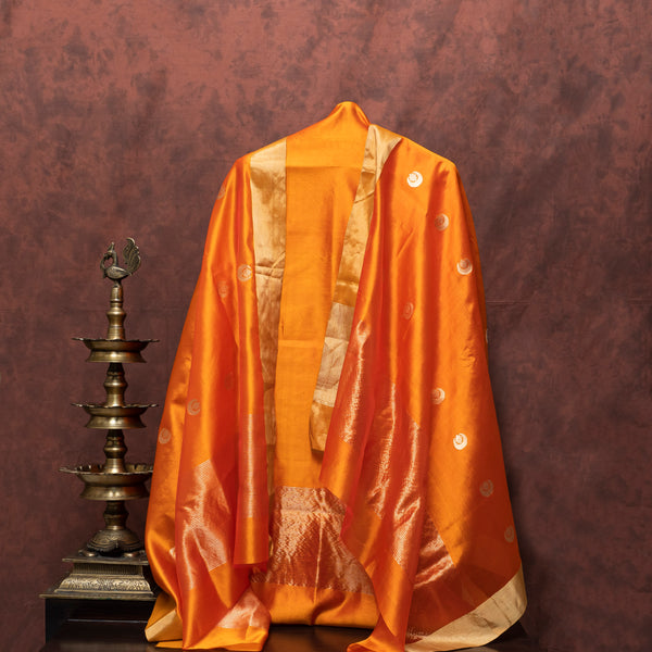 Handloom Pure Pattu Silk Orange Kurta Fabric And Dupatta With Kadwa Buta