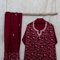 Maroon Kashmiri Sozni Hand Embroidered Woollen Kurta & Bottom Fabric With Sozni Embroidery Wollen Stole