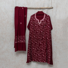 Maroon Kashmiri Sozni Hand Embroidered Woollen Kurta & Bottom Fabric With Sozni Embroidery Wollen Stole
